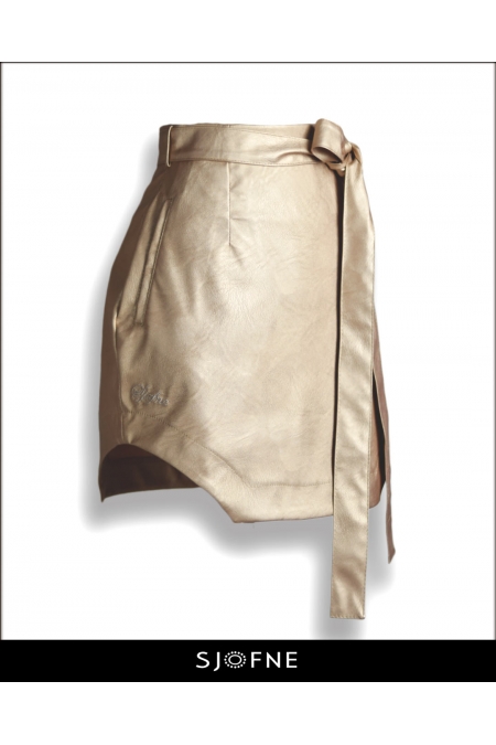 Złota spódnica ołówkowa z wysokim stanem i paskiem wiązanym w pasie Sjofnne Polski projektant mody - Sklep internetowy